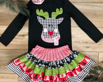 Modern Reindeer Girls Christmas Outfit Shirt and Skirt Dress Set