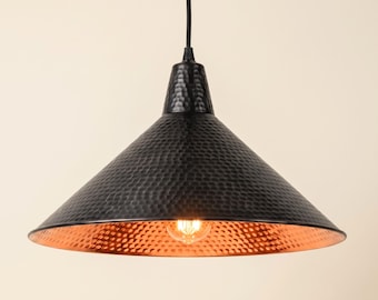 Black Hammered Copper Pendant Light, Large Cone Ceiling Lamp with Copper Interior for Kitchen Island, Dining Room and Farmhouse Decor