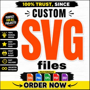 Pode incluir: Um anúncio gráfico digital para arquivos SVG personalizados com o texto grande em laranja SVG files. A imagem inclui ícones para design manual, arquivos de alta qualidade, prontos para imprimir e cortar, entrega rápida e revisões ilimitadas.