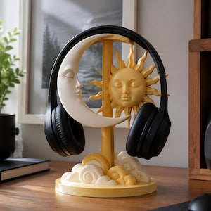 Handmålat sol- och månehörlursstativ, himmelsk skrivbordsorganisatör (3D-utskrivet)