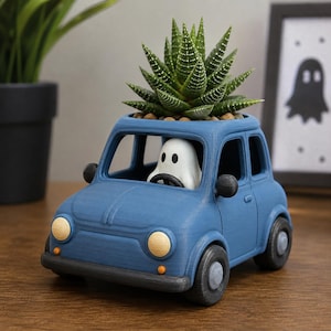 Ghost in Vintage Car 3D Printed Planter Pot, Cute Spooky Succulent Holder, Hand Painted Retro Automobile Desk Decor