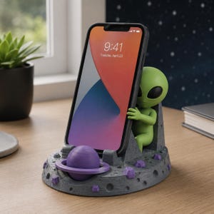 Op de afbeelding: Een grijze smartphonehouder met een groen alienfiguur dat het toestel vasthoudt. De basis is getextureerd als een kraterachtig maanoppervlak met kleine paarse accenten en een paars planeetmodel met ringen voor het telefoonscherm.