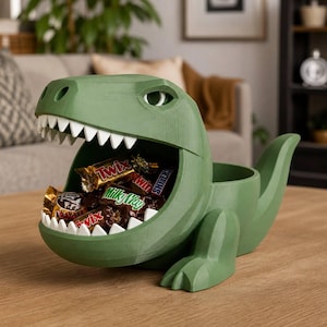 May include: A matte green, 3D-printed T-Rex dinosaur bowl with a wide-open mouth filled with assorted chocolate candy bars including Twix and Milky Way. The dinosaur features sharp white teeth and a textured surface, serving as a container.