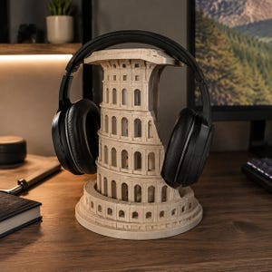 Colosseum Headphone Stand, 3D Printed Roman Architecture Desk Decor, Hand-Painted Gaming Organizer
