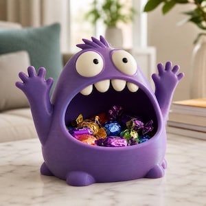 May include: A purple monster-shaped bowl with a wide open mouth, large white eyes, and small white teeth. The bowl is filled with various colorful wrapped candies. The creature has two raised arms and a textured surface finish throughout its body.