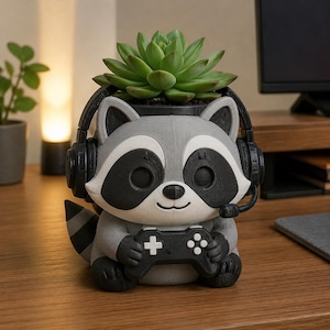 Gaming Raccoon 3D Printed Planter Pot, Hand Painted Succulent Pot, Geek Desk Decor