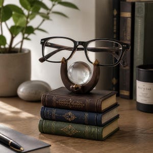 Puede incluir: Un par de gafas de montura negra descansan sobre un soporte de color marrón oscuro en forma de media luna con una esfera de cristal transparente en el centro. El soporte está colocado sobre una pila de tres libros pequeños y rectangulares.