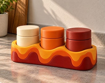 Estante para especias con diseño de flujo de lava vibrante, impreso en 3D, organizador de cocina moderno.