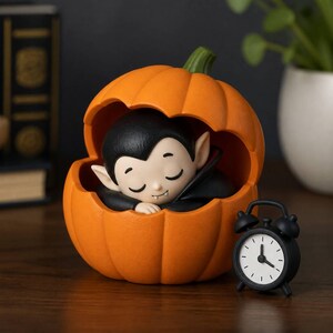Puede incluir: Una figura decorativa que muestra a un pequeño personaje vampiro con piel pálida, orejas puntiagudas y una capa negra, durmiendo dentro de una calabaza de color naranja brillante. Junto a la calabaza hay un pequeño despertador analógico negro.