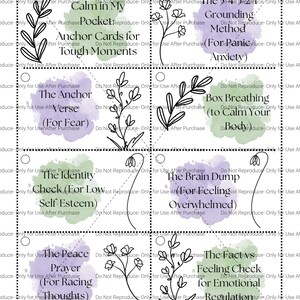 May include: A printable sheet of eight rectangular cards featuring black line art of botanical stems and watercolor-style splashes in green and purple. Each card contains text for grounding techniques, including The 5-4-3-2-1 Grounding Method and The Peace Prayer.