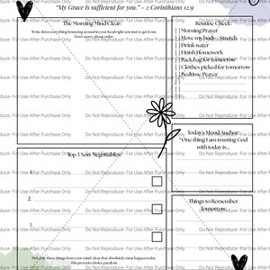 May include: A daily focus page planner sheet featuring the title Daily Focus Page, Today's Date, and the quote My Grace Is sufficient for you. Sections include Morning Mind Clear, Routine Check, Top 3 Non-Negotiables, Mood Anchor, and Things to Remember.