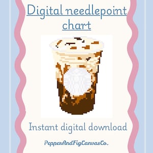 May include: A digital needlepoint chart featuring a pixel art illustration of an iced coffee drink with a white circular logo. The text reads Digital needlepoint chart, Instant digital download, and PepperAndFigCanvasCo. on a light blue striped background.