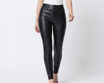 Women's Genuine Black Leather Skinny Pants High Waist Fitted Real Trousers Fashion Leggings Costume Custom Fit