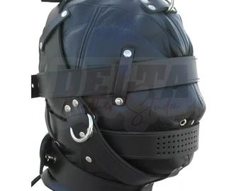 Maschera per la testa in pelle fatta a mano con cinghie regolabili con fibbia e lacci. Taglia unica.