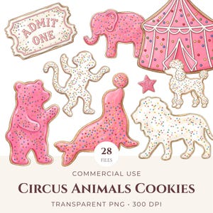 Pode incluir: Uma coleção de ilustrações de biscoitos com tema de circo, incluindo um elefante rosa, uma tenda de circo rosa, um urso rosa, uma foca rosa, um macaco branco, um poodle branco, um leão branco, uma estrela rosa e um bilhete Admit One, com granulados.