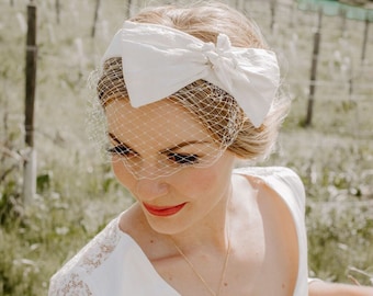 Real Silk Bow Birdcage Veil Headband with Vintage Flower centre