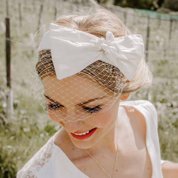 Real Silk Bow Birdcage Veil Headband With Vintage Flower 