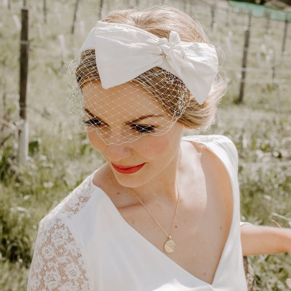 Real Silk Bow Birdcage Veil Headband With Vintage Flower Centre 