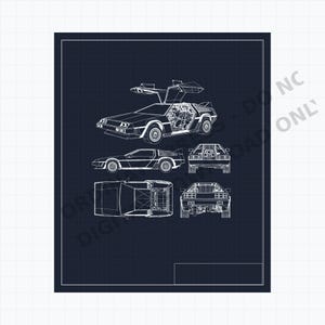 May include: A technical blueprint illustration on a dark blue grid background featuring a sports car with gull-wing doors open. The drawing displays the vehicle from multiple angles including side, rear, and top views with white line work.