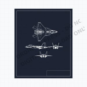 May include: A dark blue technical blueprint featuring white line drawings of a fighter jet from three distinct perspectives: top-down, side profile, and front view. The layout includes a rectangular border and a grid pattern background.