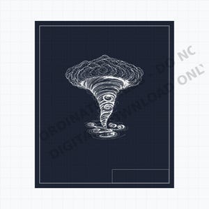 May include: A white line drawing of a tornado on a dark blue grid background. The funnel cloud extends from a large, textured cloud formation at the top down to swirling patterns at the base. The text "ORDINARY - DO NOT DOWNLOAD ONLY" is visible.