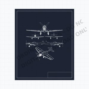 May include: A dark blue technical blueprint featuring white line drawings of a propeller airplane from front, rear, side, and isometric perspectives. The image includes a grid background and a rectangular border, with faint text overlaying the design.