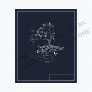 May include: A technical blueprint drawing of a milling machine rendered in white lines on a dark blue grid background. The illustration displays the mechanical components, including the spindle, worktable, and adjustment wheels in detail.