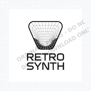 May include: A black and white graphic design featuring a wireframe funnel shape that tapers downward. Below the funnel, the text RETRO SYNTH is displayed in a bold, sans-serif font. The overall composition is centered against a white background.