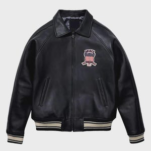 Chaqueta bomber universitaria de cuero auténtico hecha a mano: herencia estadounidense.