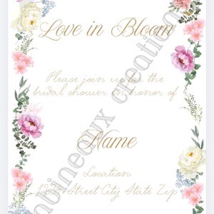 Puede incluir: Una tarjeta de invitaci&oacute;n rectangular para despedida de soltera con fondo blanco y bordes florales de flores rosas, blancas y moradas con hojas verdes. El texto dice Love in Bloom, Please join us for the bridal shower in honor of Name, Location y 1234 Street City State Zip.