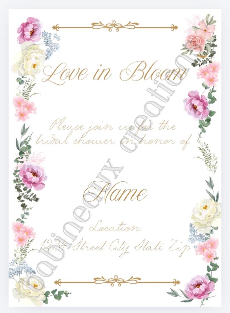 Puede incluir: Una tarjeta de invitaci&oacute;n rectangular para despedida de soltera con fondo blanco y bordes florales de flores rosas, blancas y moradas con hojas verdes. El texto dice Love in Bloom, Please join us for the bridal shower in honor of Name, Location y 1234 Street City State Zip.