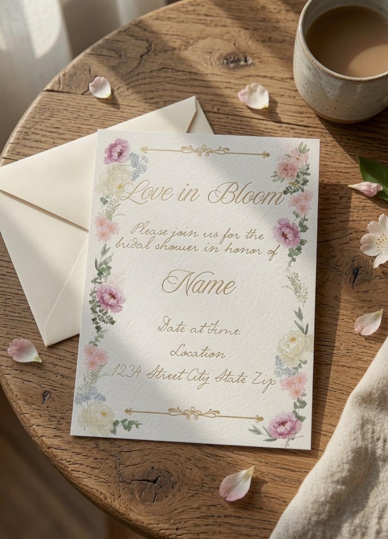 Puede incluir: Una tarjeta de invitaci&oacute;n rectangular para una despedida de soltera con un borde floral de flores rosas, blancas y azules con hojas verdes. El texto dice Love in Bloom, Please join us for the bridal shower in honor of Name, Date at Time, Location, 1234 Street City State Zip.