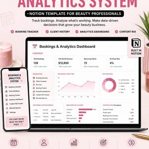 May include: A digital booking and analytics system Notion template for beauty professionals displayed on a laptop and smartphone screen. The interface features pink and white color schemes, data charts, booking trackers, and client management tools.