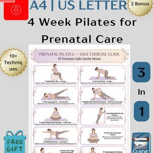 Könnte beinhalten: Ein digitaler Leitfaden mit dem Titel 4 Week Pilates for Prenatal Care mit 10 Illustrationen für schwangerschaftssichere Übungen. Das Dokument enthält Anleitungen für Beckenkippen, Katze-Kuh-Dehnungen, Beinheben und Atemtechniken.