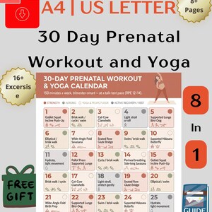 May include: A 30-day prenatal workout and yoga calendar digital document featuring a grid of daily exercises. The chart includes text labels for strength, aerobic, yoga, and pelvic floor activities, with icons for each movement across 30 numbered days.