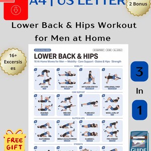 Könnte beinhalten: Ein digitaler Trainingsleitfaden mit dem Titel Lower Back & Hips Workout for Men at Home, der 16 illustrierte Übungen enthält, unterteilt in Mobilität, Rumpfunterstützung, Gesäß, Hüften und Kraft. Das Dokument umfasst PDF, A4 und US Letter.