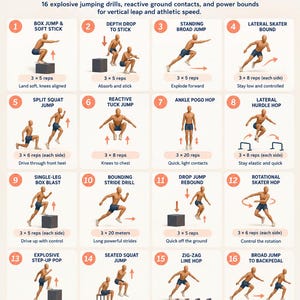 May include: An instructional poster titled PLYOMETRICS & VERTICAL JUMP POWER featuring 16 numbered exercise illustrations. Each section displays a figure performing a specific movement with repetition counts and brief technique instructions for athletic training.