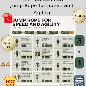May include: A digital workout chart titled Jump Rope for Speed and Agility, featuring a grid of twelve exercise illustrations with instructions, a weekly training schedule, and text labels including A4, US Letter, 12+ Exercises, and 3 In 1.