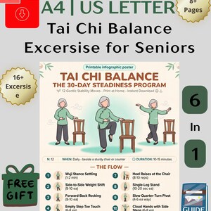 Può includere: Un poster infografico stampabile intitolato Tai Chi Balance The 30-Day Steadiness Program. Presenta illustrazioni di una persona che esegue esercizi di stabilità con una sedia, un elenco di 11 esercizi e indicazioni sui formati A4 e US Letter.