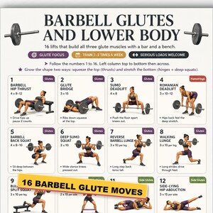 May include: An instructional fitness poster titled BARBELL GLUTES AND LOWER BODY featuring 16 numbered exercise illustrations. Each section displays a person performing a specific barbell lift with text instructions, rep counts, and muscle group labels.