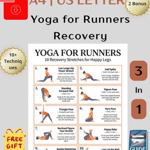 May include: A digital yoga guide titled Yoga for Runners Recovery featuring ten numbered illustrations of poses including Low Lunge, Half Splits, Standing Forward Fold, Pigeon, Triangle, Hero, Reclined Figure-Four, Happy Baby, and Supine Hamstring Stretch.