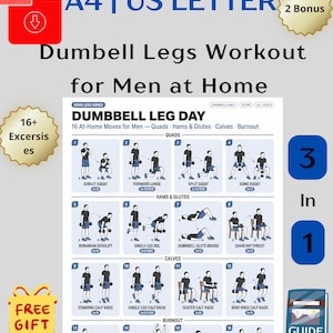 Pode incluir: Um guia de treino digital intitulado Dumbbell Leg Day apresentando 16 exercícios ilustrados para quadríceps, isquiotibiais, glúteos e panturrilhas. O documento inclui etiquetas de texto para movimentos como agachamentos, avanços e levantamento terra.