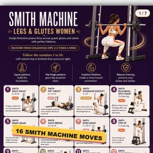 May include: An instructional fitness infographic titled SMITH MACHINE LEGS & GLUTES WOMEN featuring a dark purple background with white and gold text. It displays sixteen numbered exercise diagrams for a Smith machine, including squats and lunges.