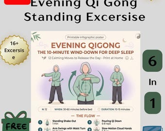 Evening Qigong Printable PDF, Bedtime Wind Down Routine for Deep Sleep, 12 Calming Moves Poster, Gentle Night Relaxation Exercise Chart