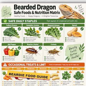 Può includere: Una tabella Bearded Dragon Safe Foods & Nutrition Matrix con un drago barbuto, elenchi di alimenti base giornalieri come cavolo riccio, tarassaco, senape, zucca, peperoni, scarafaggi e grilli, oltre a premi occasionali e un Beardie Food Guide.