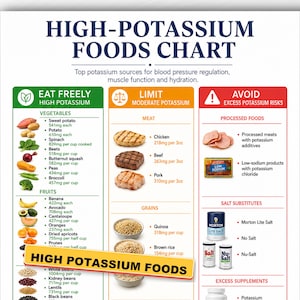 Puede incluir: Una infografía con una tabla de alimentos ricos en potasio dividida en tres columnas: verde para comer libremente, naranja para limitar y rojo para evitar. Enumera verduras, frutas, carnes y granos con contenido de potasio en mg por 85g o taza.