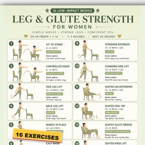 Könnte beinhalten: Ein hellgrünes Lehrplakat mit dem Titel 16 Low-Impact Moves Leg & Glute Strength for Women. Es zeigt sechzehn nummerierte Illustrationen einer Person, die Übungen mit einem Stuhl ausführt, inklusive Text zu Wiederholungen und Muskelgruppen.