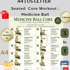 Könnte beinhalten: Ein digitaler Trainingsleitfaden mit dem Titel Medicine Ball Core, der 16 sanfte Übungen für eine stärkere Körpermitte zeigt. Die Grafik enthält Illustrationen einer Person mit einem Medizinball, Anleitungen und ein Ballgewicht von 1-2 kg.