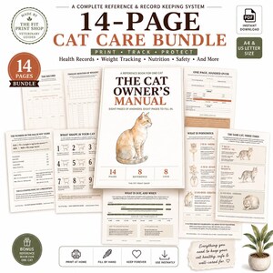 Planejador de Cuidados com Gatos - Pasta Imprimível, Registro de Saúde Felina em PDF com 16 Páginas, Guia para Novos Donos de Gatos, Livro de Registro de Visitas ao Veterinário e Peso, Download Digital
