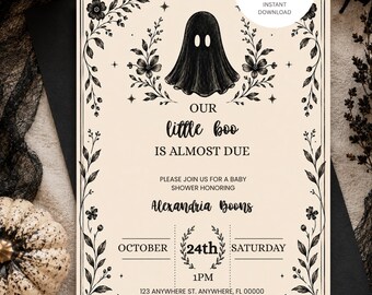 May include: A cream-colored baby shower invitation card featuring a black ghost illustration, floral borders, and the text: Our little boo IS ALMOST DUE, PLEASE JOIN US FOR A BABY SHOWER HONORING Alexandria Boons, OCTOBER 24th SATURDAY 1PM.